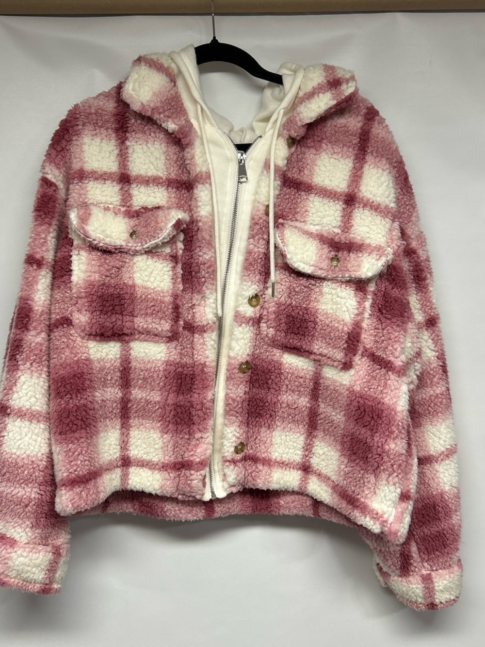No Boundaries Pink and White Plaid Sherpa Hoodie Jacket